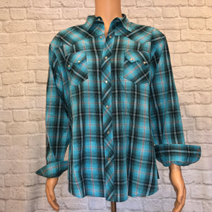 Wrangler Turquoise Plaid Pearl Snap (XL)